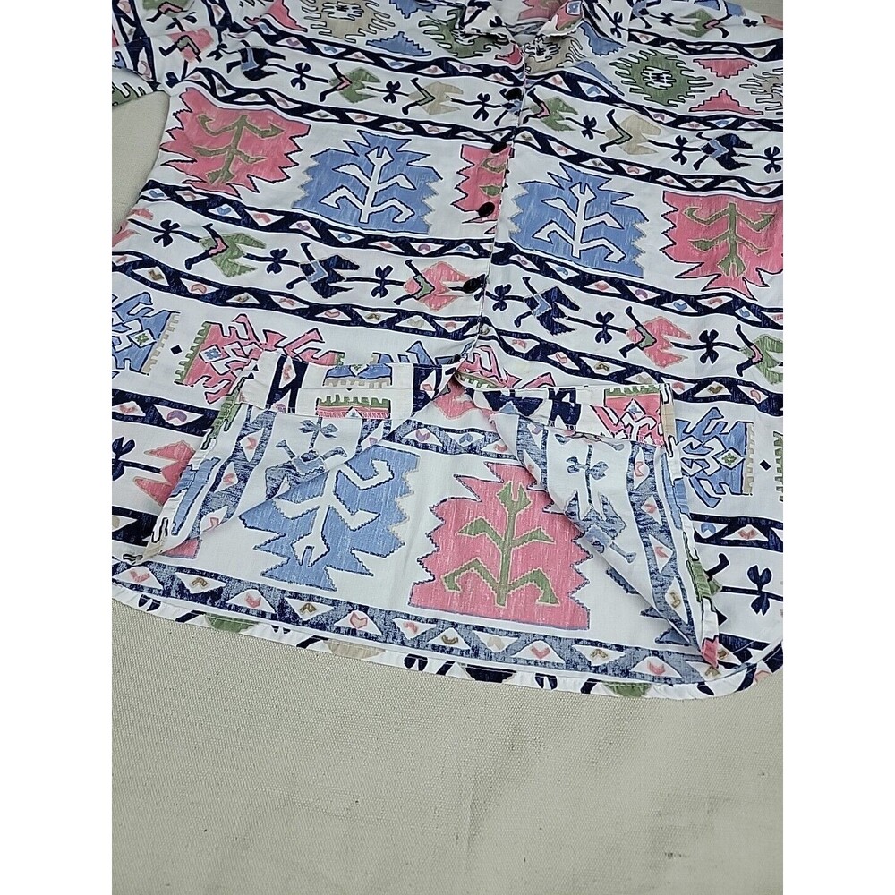 Cabrais Aztec Shirt‎ Womens 16 XL White Pink Blue Southwest Tribal Vintage 90s - Picture 7 of 12
